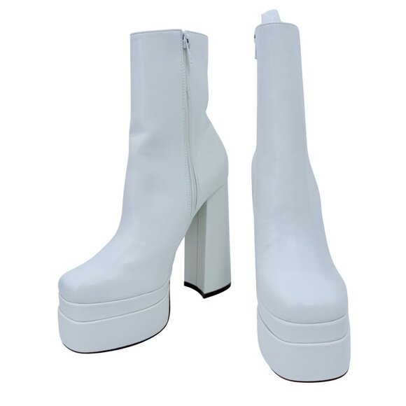 NIB White Platform Chunky Heel & Side Zip Edgy Retro Vegan Platform Boots - Picture 6 of 16